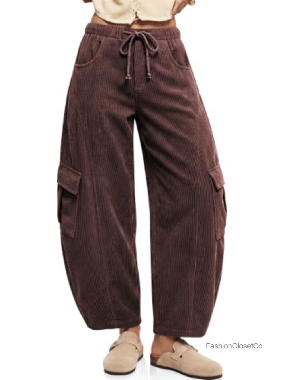 Corduroy Cargo Wide Leg Barrel Pants Relaxed High Rise Drawstring